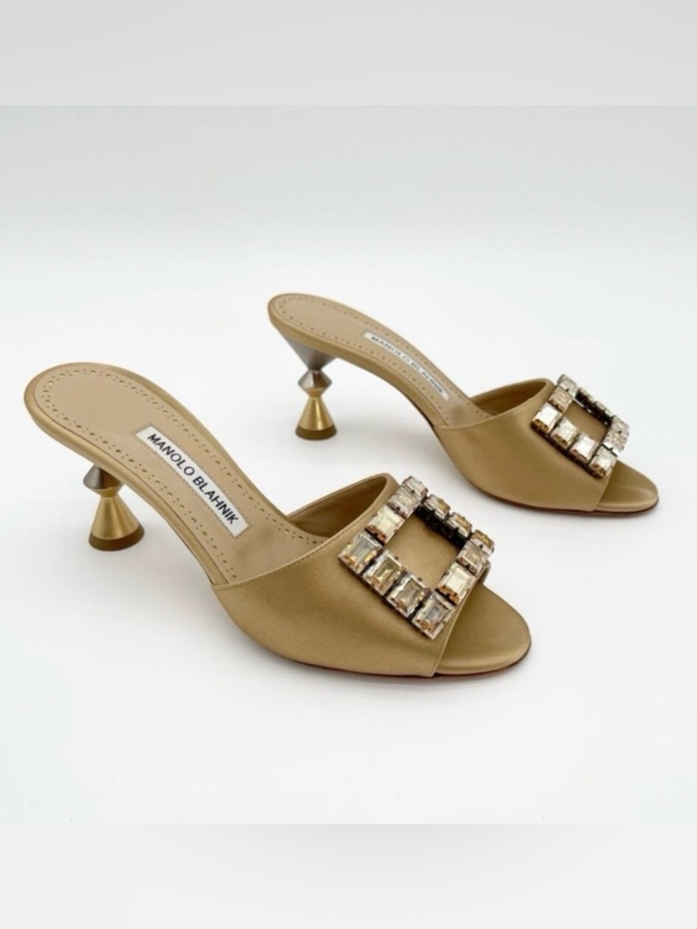 Manolo Blahnik Uliana Golden Brown Satin Crystal Open Toe Mule Heels IT 37